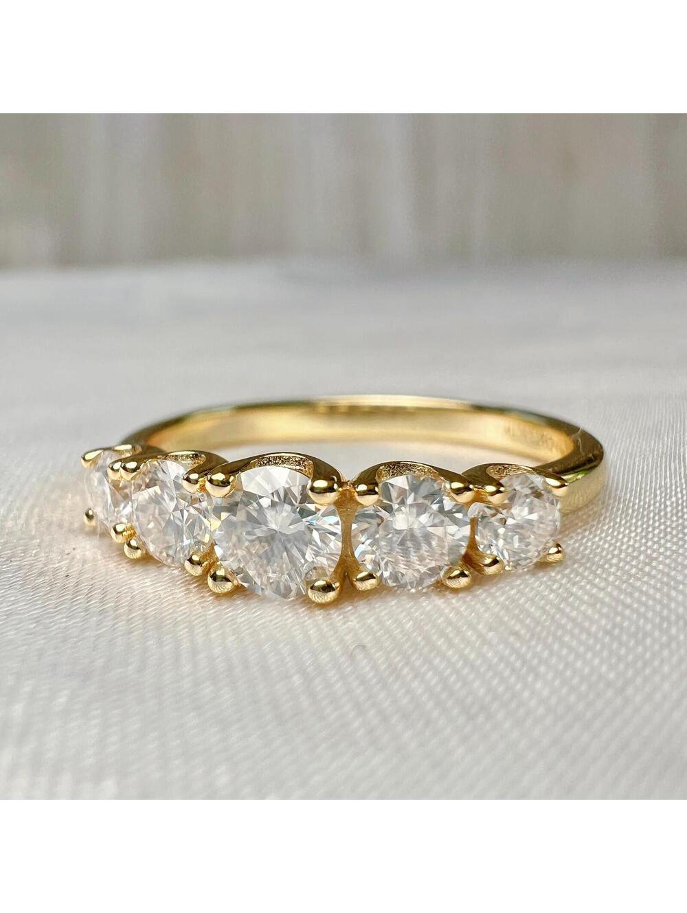14K Gold Plated 925 Silver Moissanite Ring 5 Stone Anniversary Band Brilliant